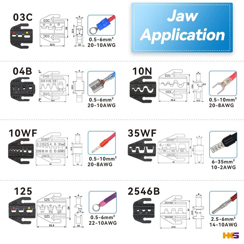 HKS Ratcheting Crimping Tool Set 8 PCS - Quick Exchange Jaw for Heat Shrink Terminals  Non-Insulated  Open Barrel  Solar Conncetors  Insulated and Non-Insulated Ferrules AWG 20-2 - Image 3